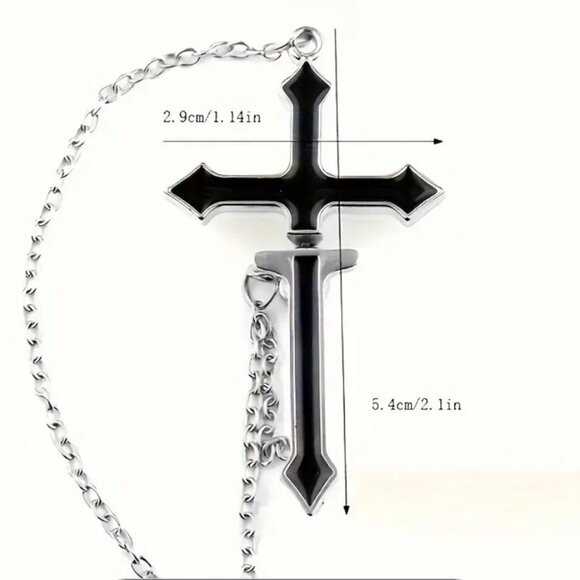 Edgy Large Cross Earring with Dangling Chain - Picture 2 of 4